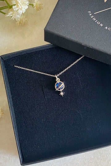Orion Navy Silver Planet and Star Necklace Wisteria London